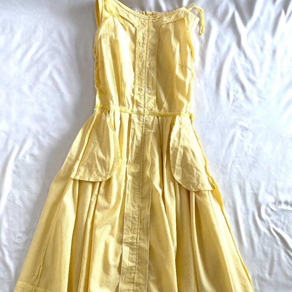 VTG Sue Brett 1960s yellow striped cotton A-line dress Women's Small pleats - Picture 10 of 13